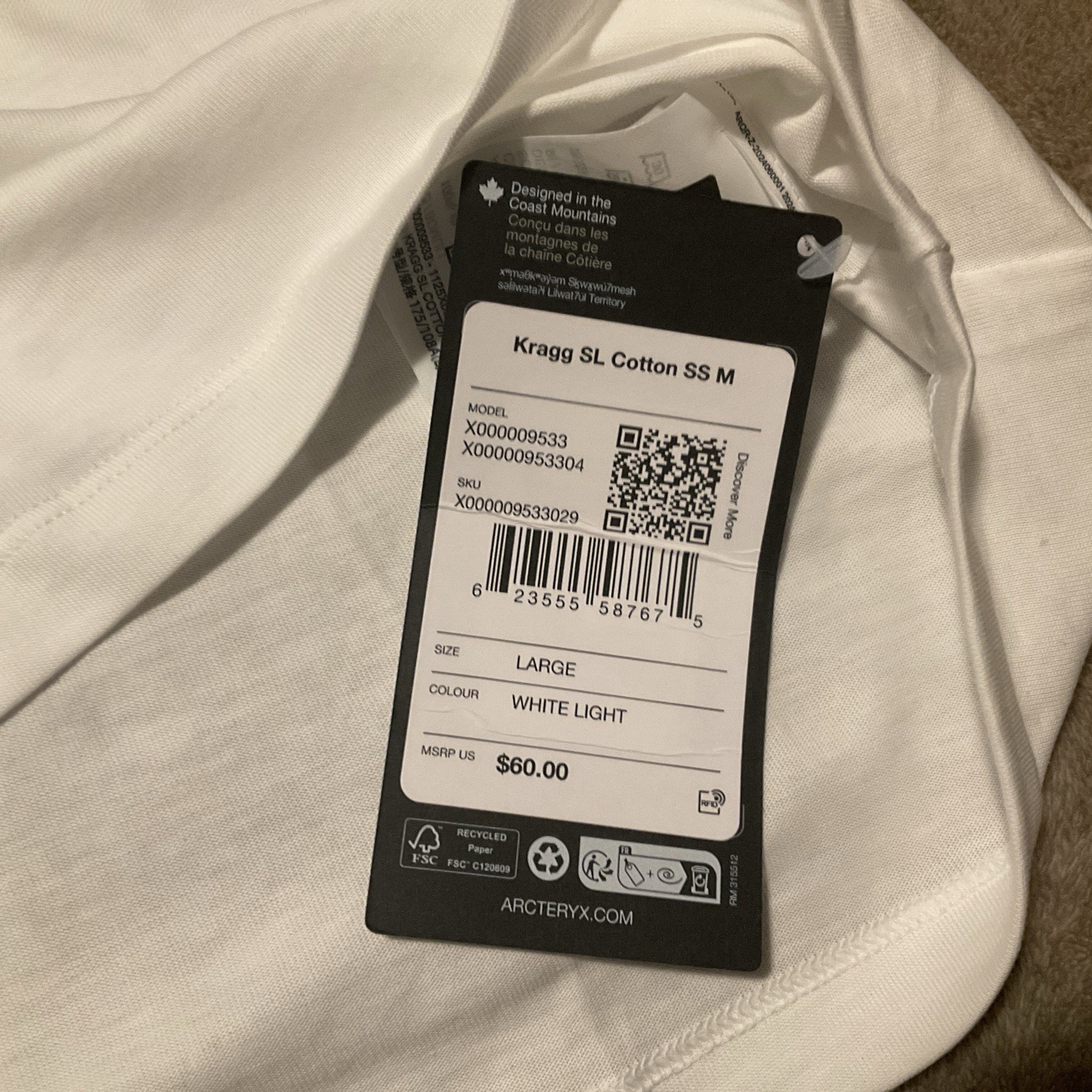 Arc'teryx Mens - Kragg SL Cotton SS Shirt S/S Tee T-shirt - White Light gallery