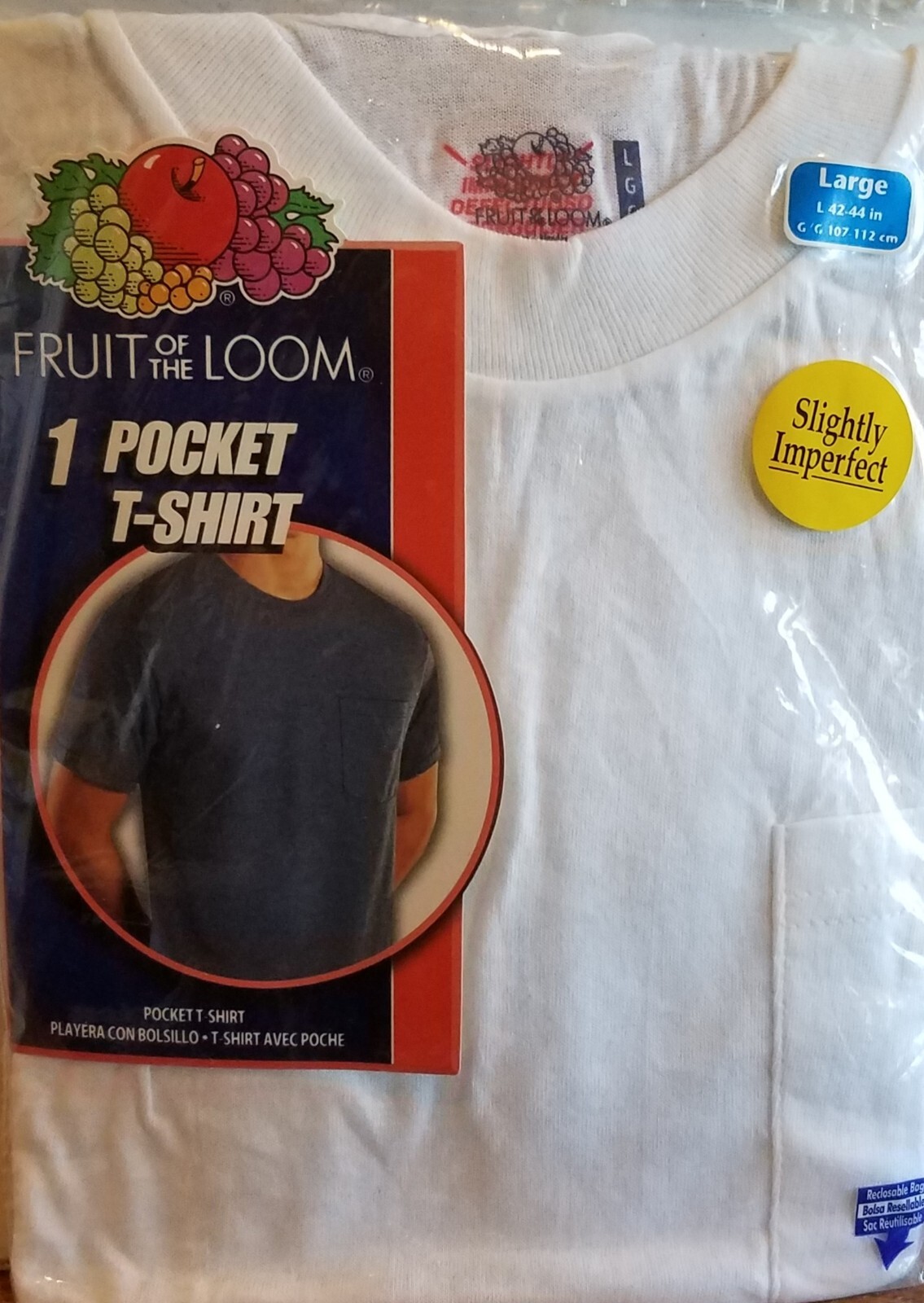 Vintage Fruit of the Loom Pocket T-Shirt large, slightly imperfect, WHITE gallery