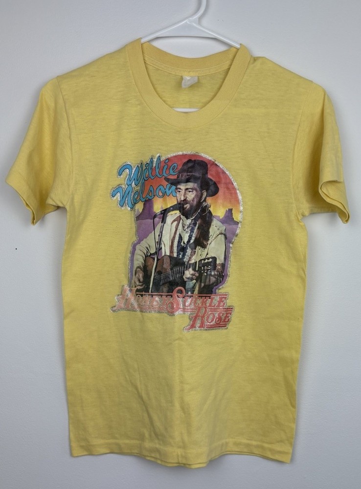 80s Single Stitch Willie Nelson Iron-On Glitter Graphic Tee Small Vintage Rare