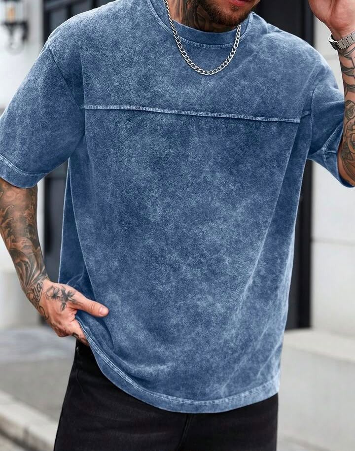Men’s Acid Wash Blue T-Shirt Oversized Crew Neck Casual Streetwear Tee gallery