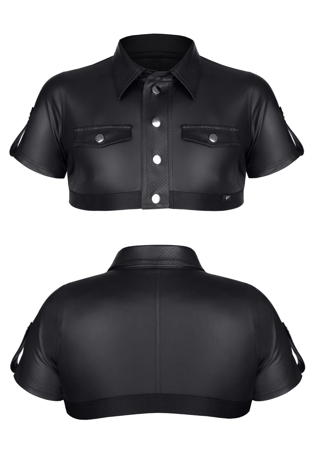 Men’s Cross-dressing Black Wet Look Crop Top Mesh Sleeve Shirt | Clubwear gallery