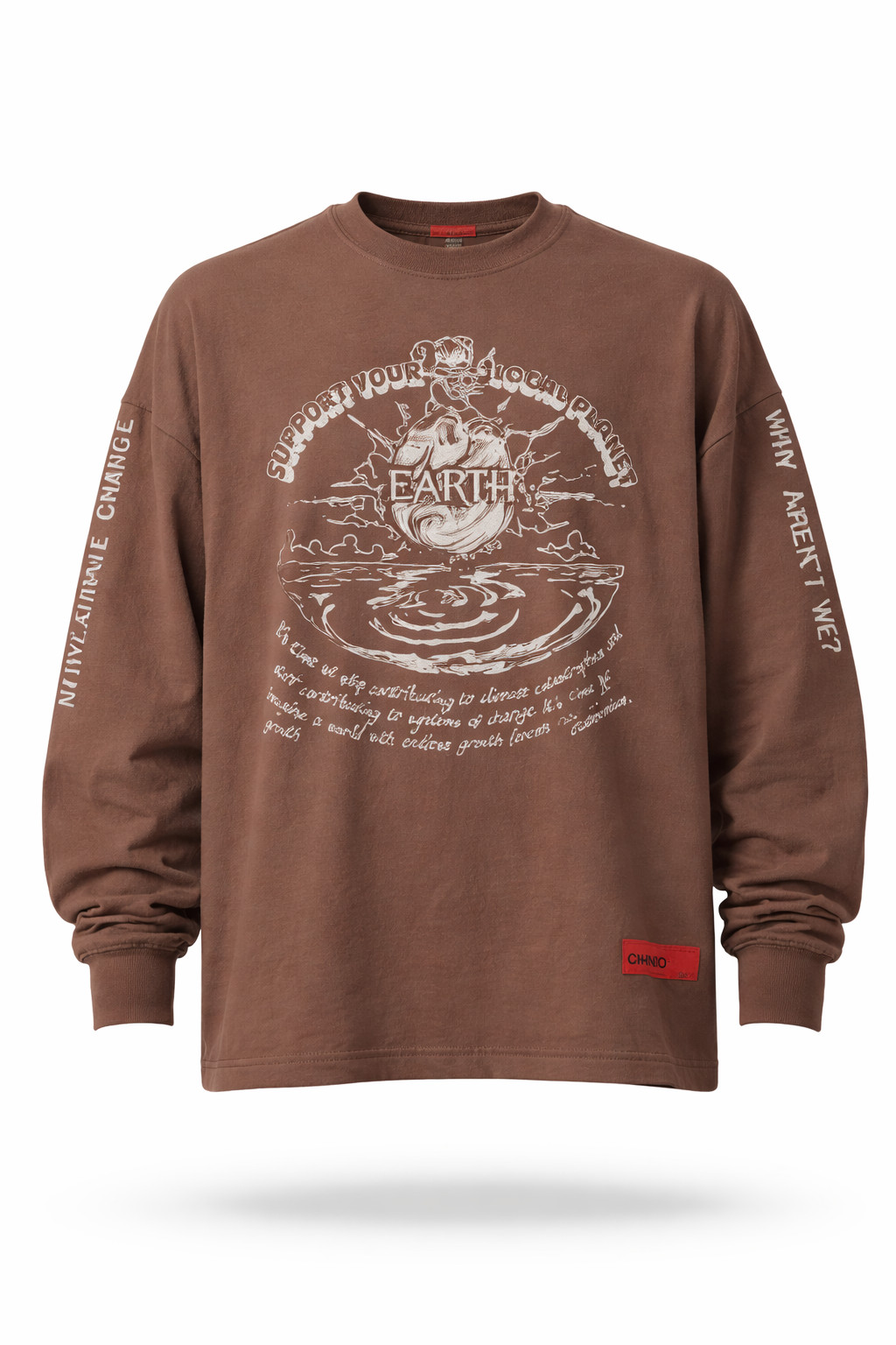 CHNGE Men’s Support Earth Casual Crew Neck Cuff Long Sleeve T-Shirt, Brown, 3XL