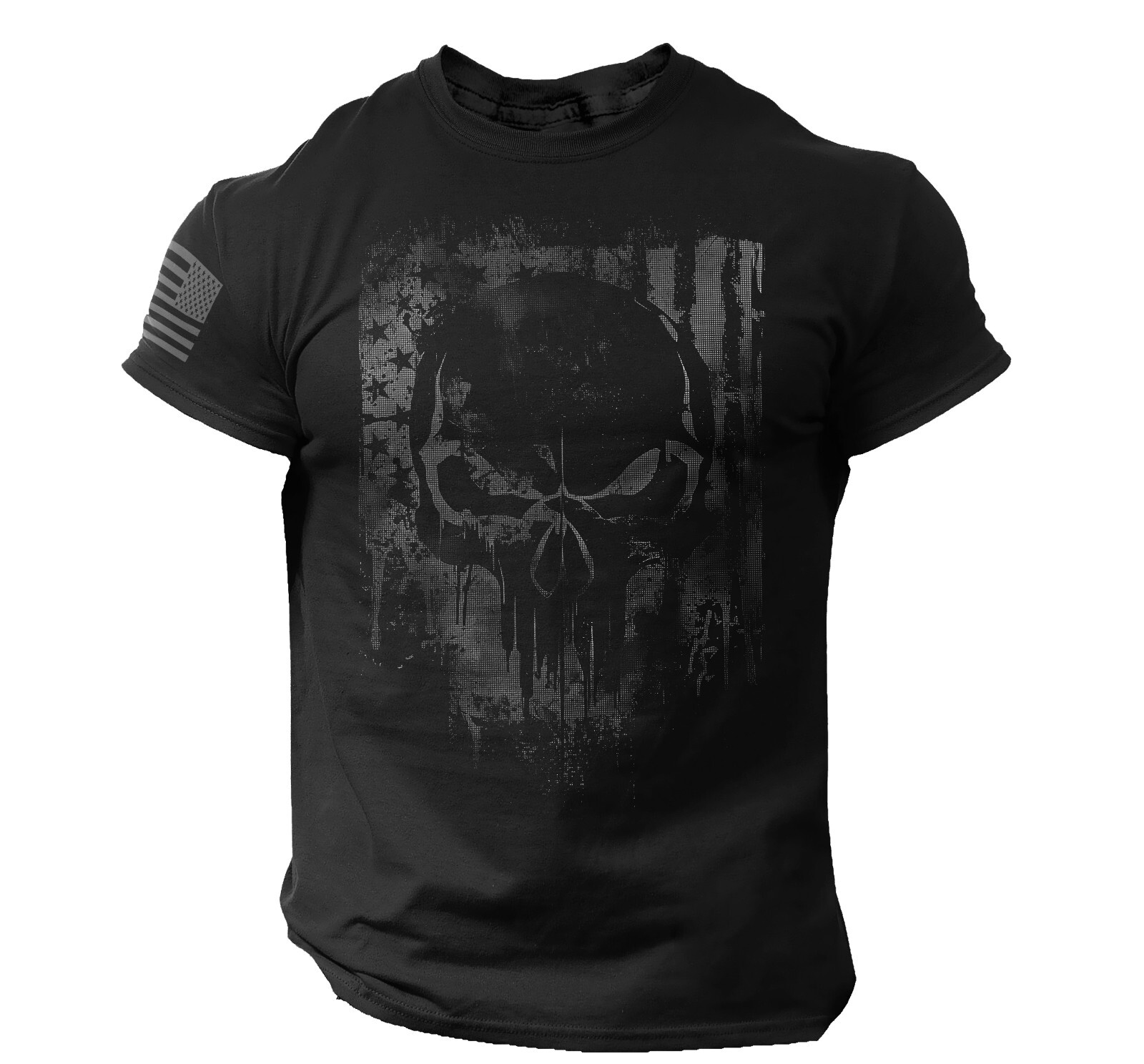 Men's Black Tactical Skull T-Shirt - Distressed American Flag Design, Patriotic gallery