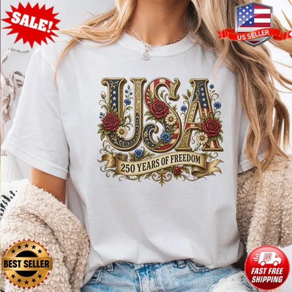 Retro USA 250 Shirt, Floral Patriotic Shirt, Vintage 4th of July T-Shirt (S-5XL) gallery