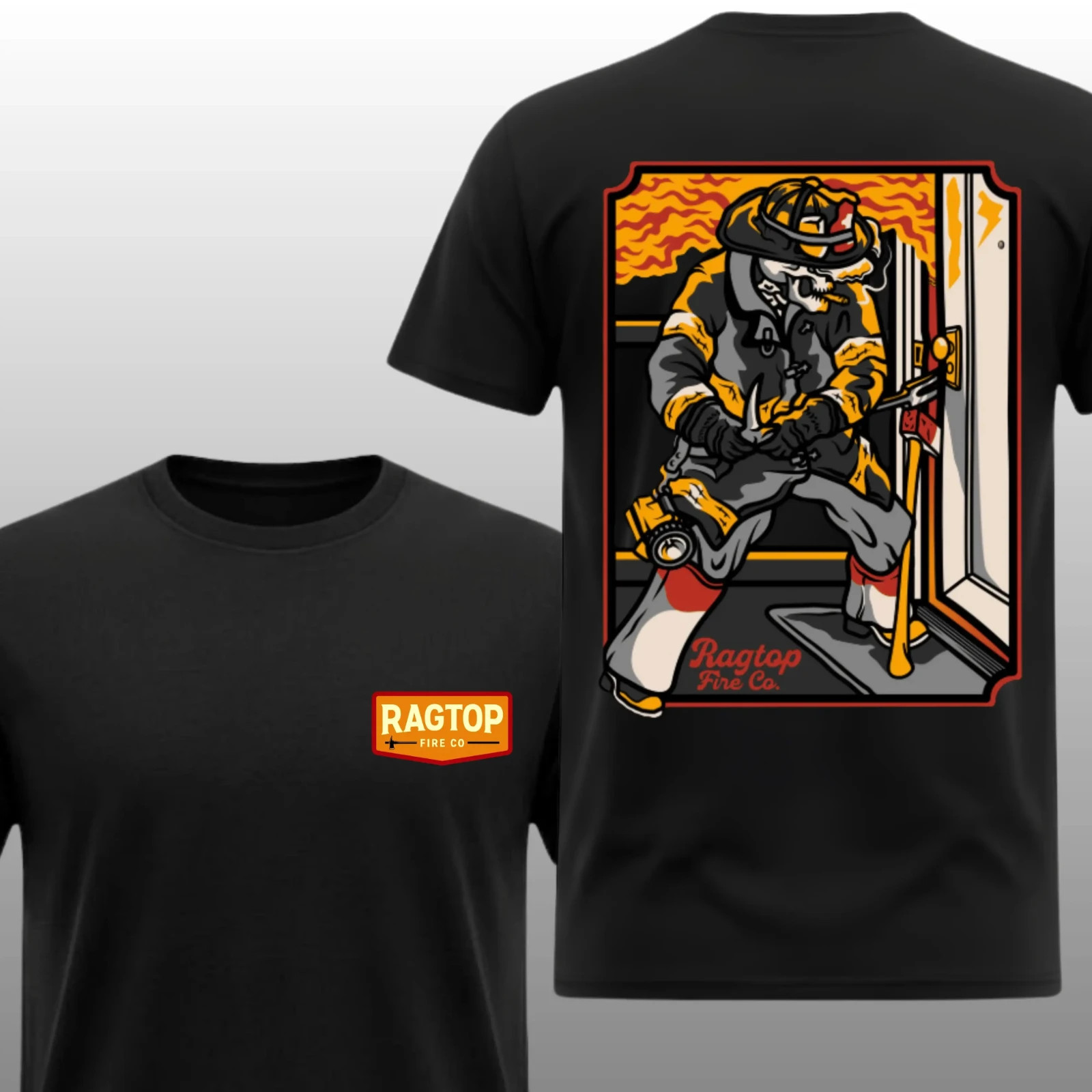 Ragtop Fire Co Skeleton Firefighter Forcible Entry T-Shirt