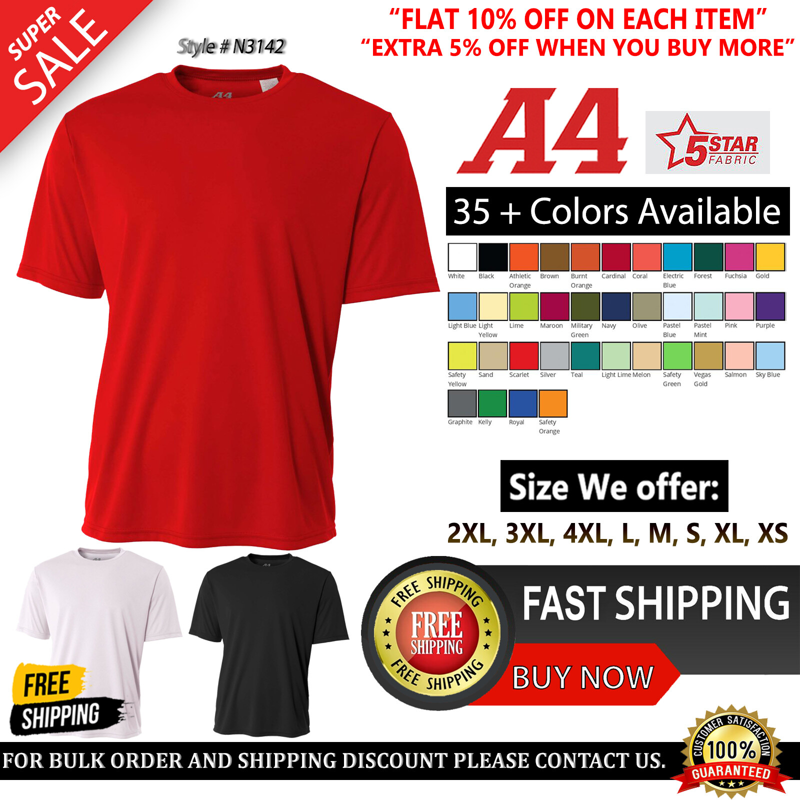 A4 Mens Dri-Fit Workout Running Cooling Performance Crew Jogging T-Shirt - N3142 gallery