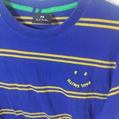 PS Paul Smith Mens Striped Smiley Face Logo T-Shirt Blue Yellow Large