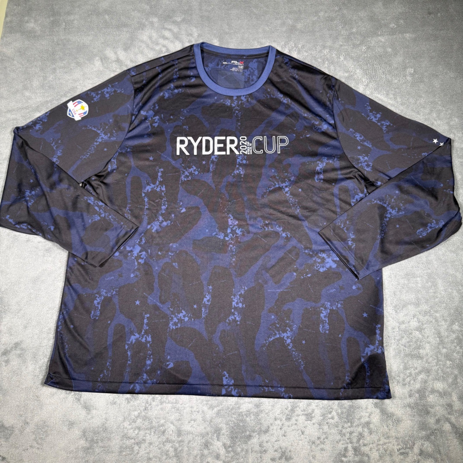 RLX Ralph Lauren Ryder Cup 2020 Mens XXL Blue Camo Long Sleeve Golf Shirt USA