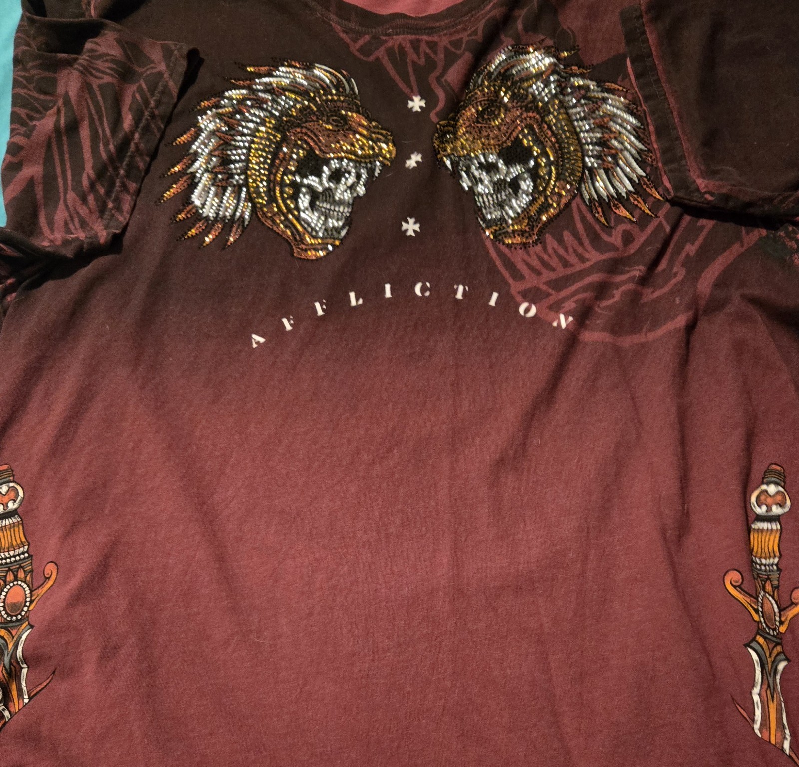 Affliction Black Label Men's 2XL Burgundy Skull Rhinestone T-Shirt gallery