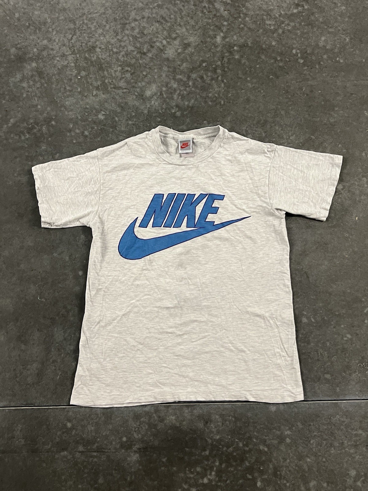 Vintage 90s Nike Big Blue Swoosh T Shirt Gray Made in USA