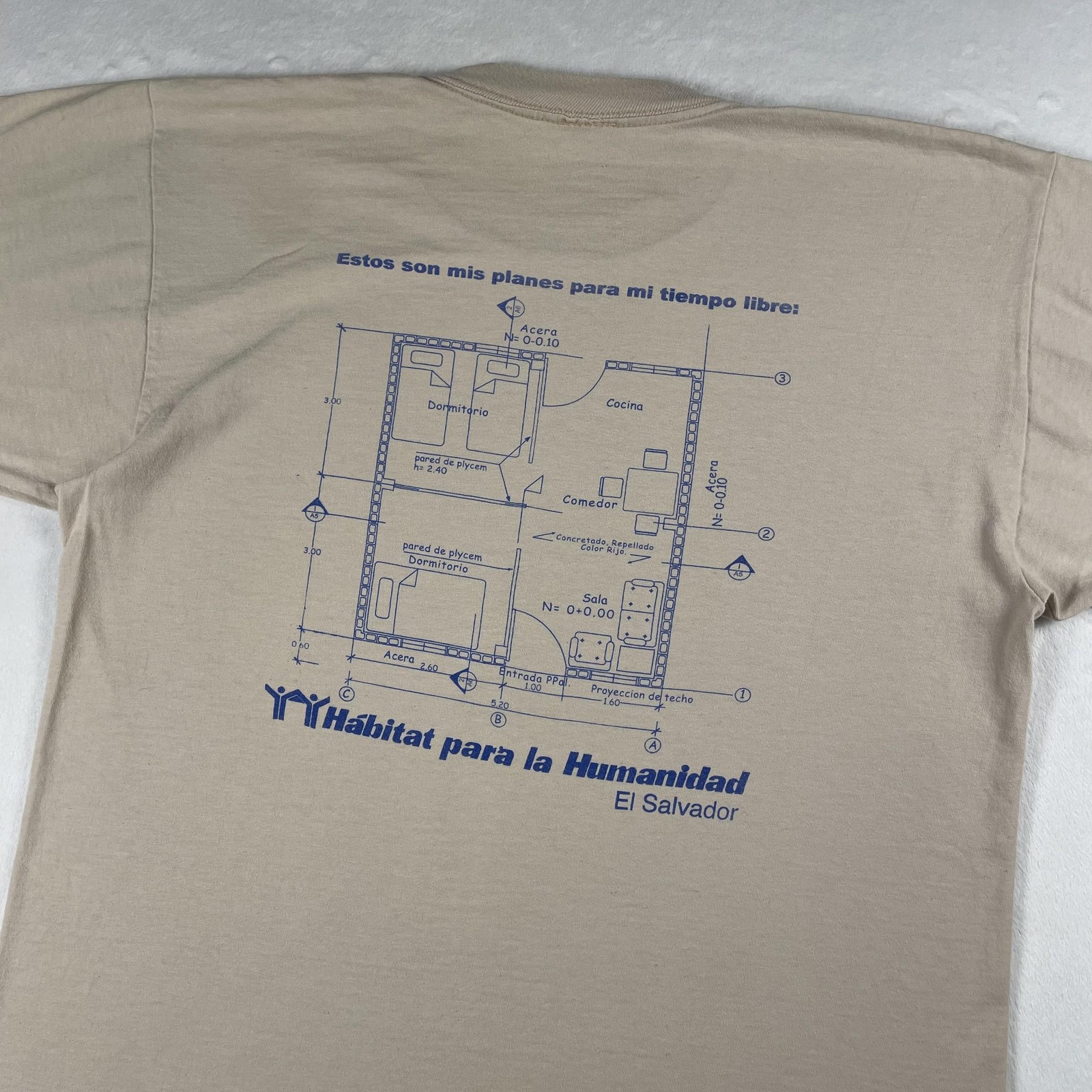Vtg 80s Habitat For Humanity Tee L Beige El Salvador Floorplan Blueprint Art USA