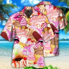 Mens Button Down Chocolate Ice Cream Bar Tropical Hibiscus Flower Summer Shirt