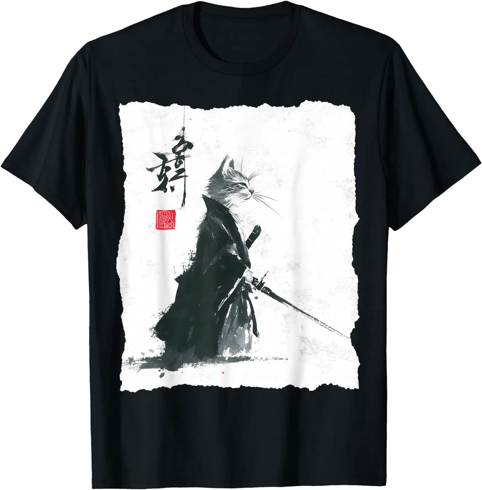 Samurai Cat Ink Art Japanese Style Ukiyo-e Warrior Katana T-Shirt