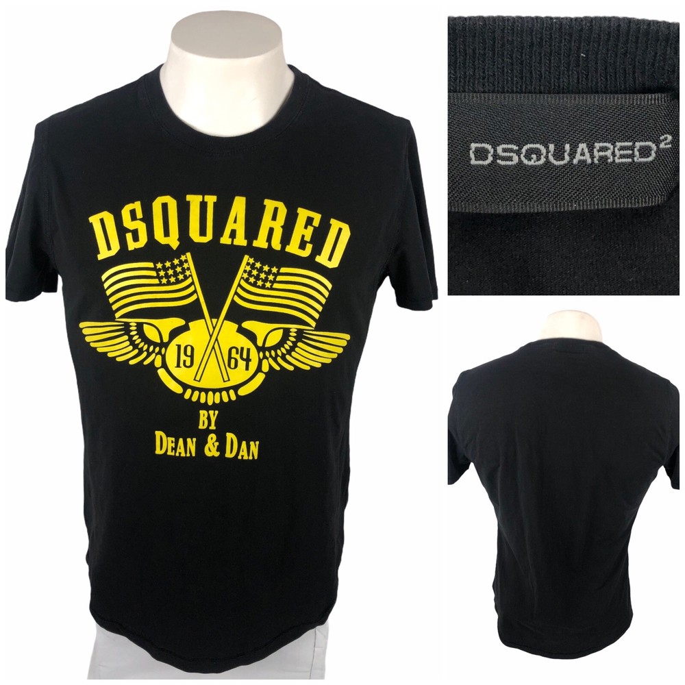 Dsquared2 Mens Small Shirt Tee Black Cotton Blend Stretch Spell Out Flag USA