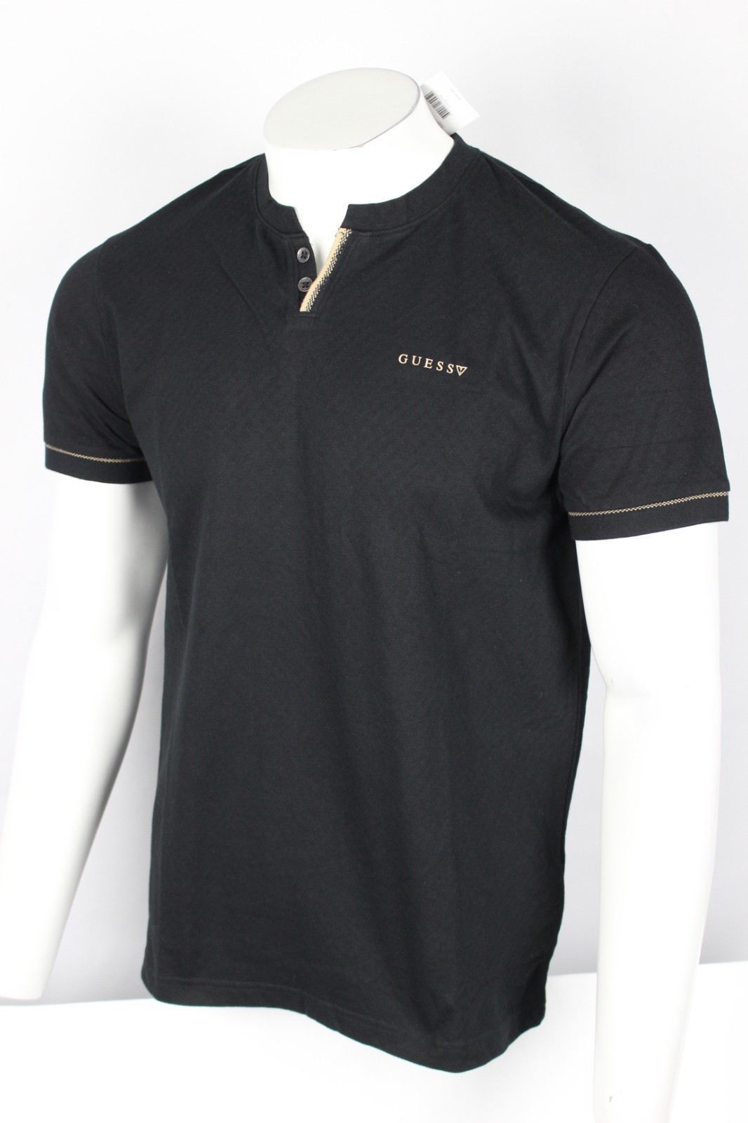 Guess Men’s Ricardo Short Sleeve Slit Henley T Shirt Jet Black Textured
