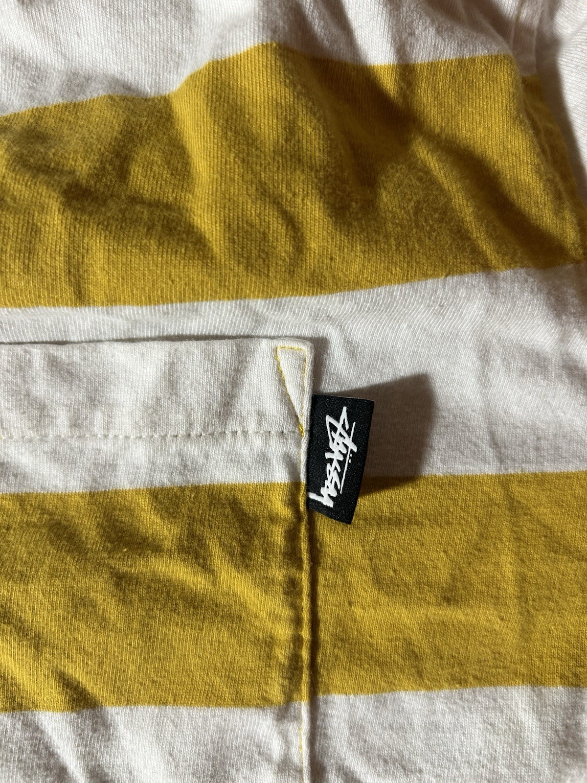 Stussy Yellow White Striped Pocket Logo Cotton Knit T-Shirt Men's XL gallery
