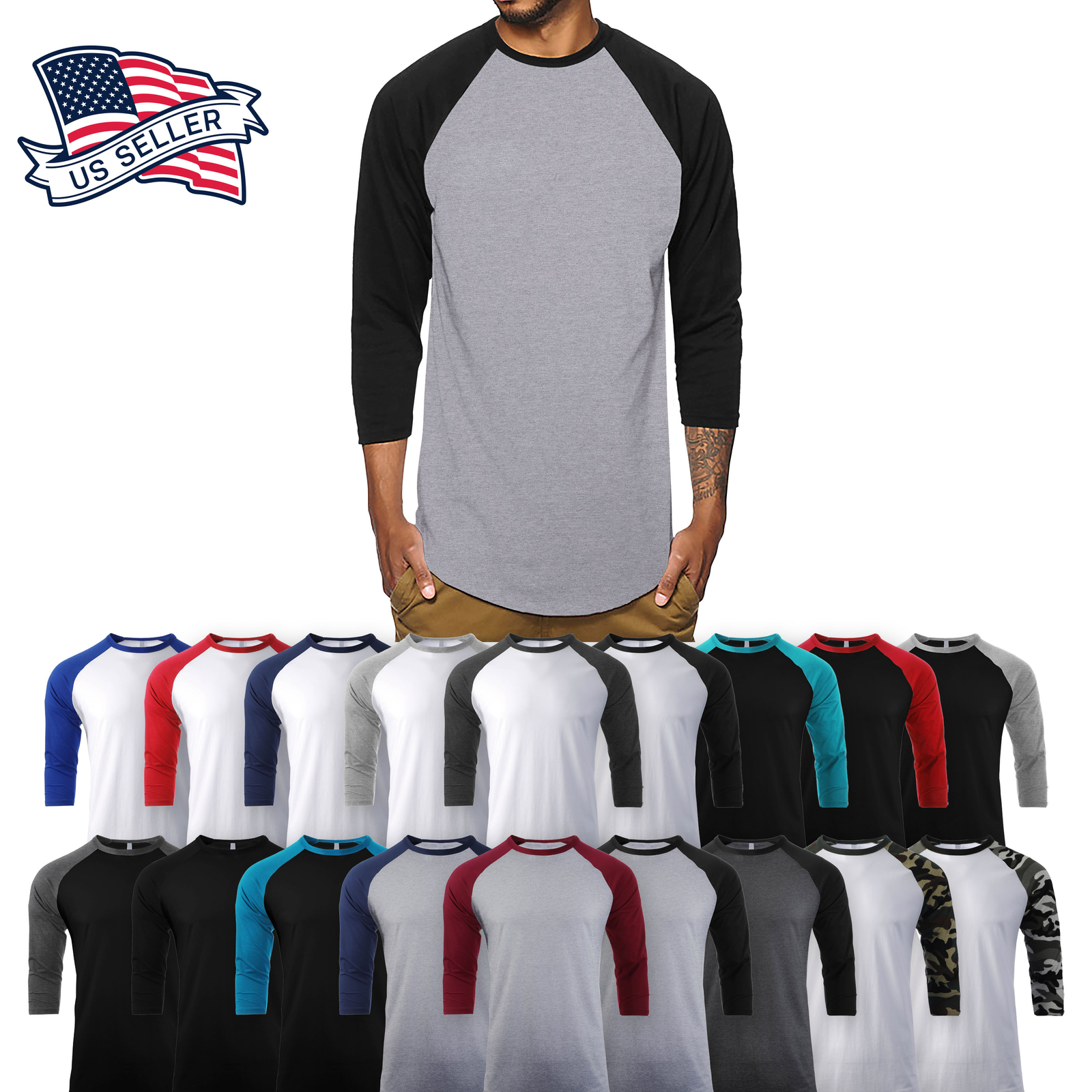 Mens T Shirt Baseball 3/4 Sleeve Crew Neck Sports Outdoor Hipster Jersey Raglan gallery
