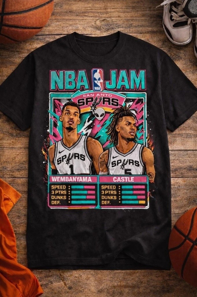 NBA Jam Spurs Wembanyama Castle Retro Game Style Basketball T shirt gallery