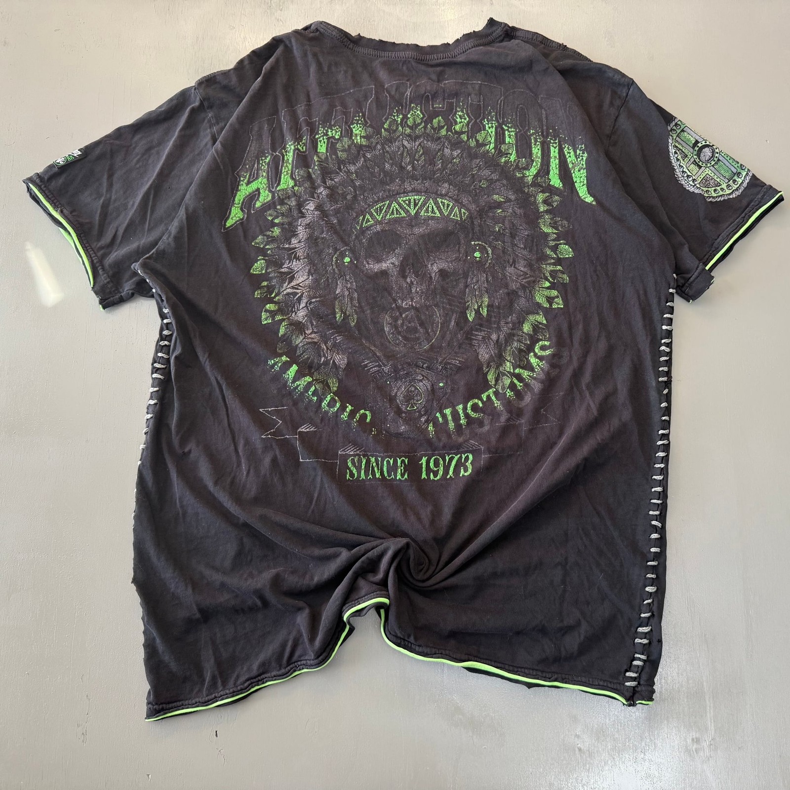 Affliction green and Black Shirt gallery