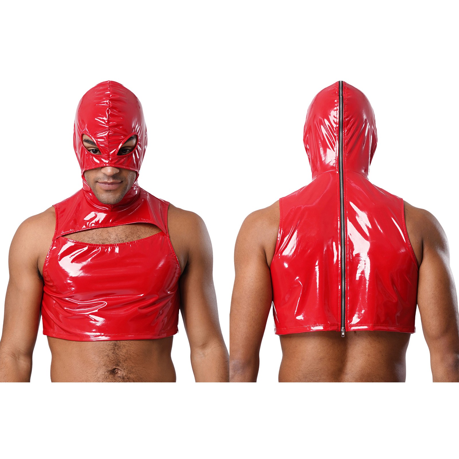 Mens Sexy Tops Patent Leather Mask Hooded Crop Top Wet Look Hooded Undershirts