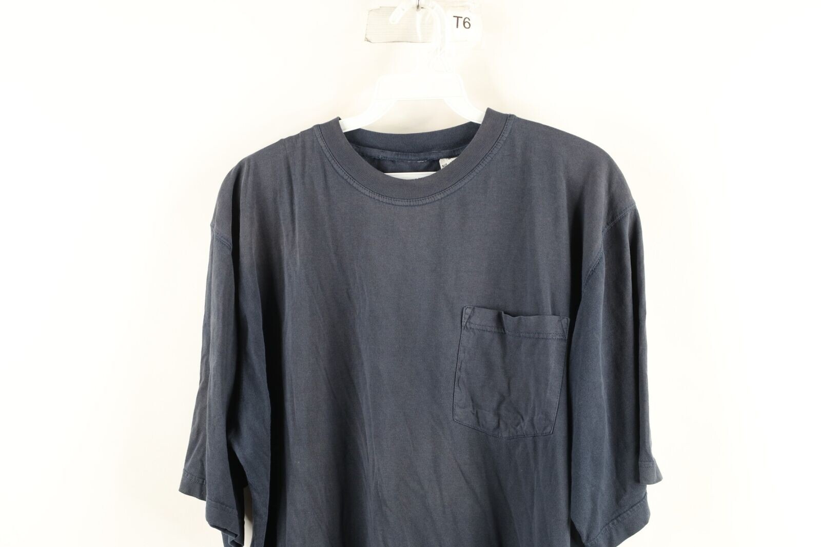 Vintage 90s Streetwear Mens Large Tall Thrashed Blank Pocket T-Shirt Navy Blue gallery