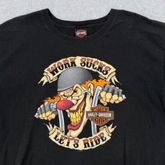 VTG Harley Davidson Graphic Tee Work Sucks Lets Ride Clown T-Shirt Mens XL Black
