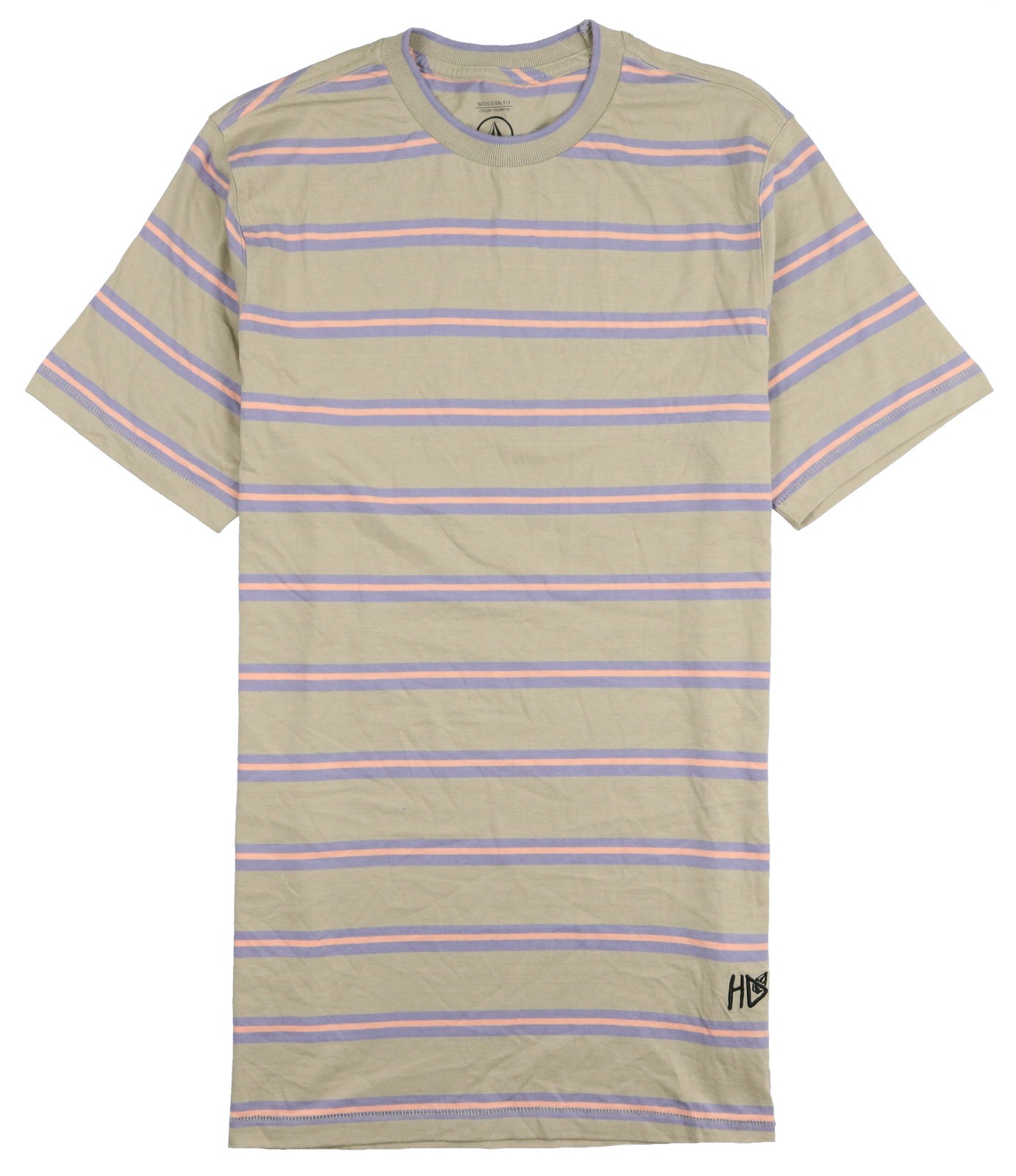 VOLCOM Entertainment Hockey Dad Crew T-Shirt XL X-Large Tan Modern Fit Striped gallery