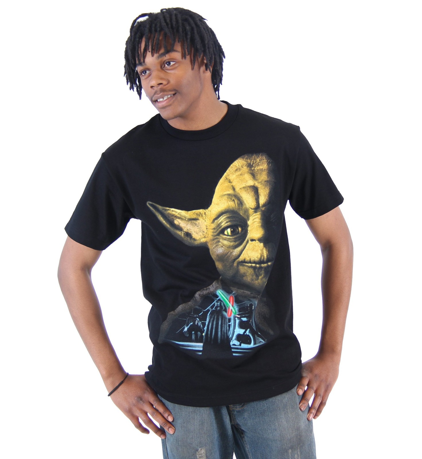 Star Wars Mens T-Shirt - Giant Yoda Half Face Over Saber Battle Image gallery