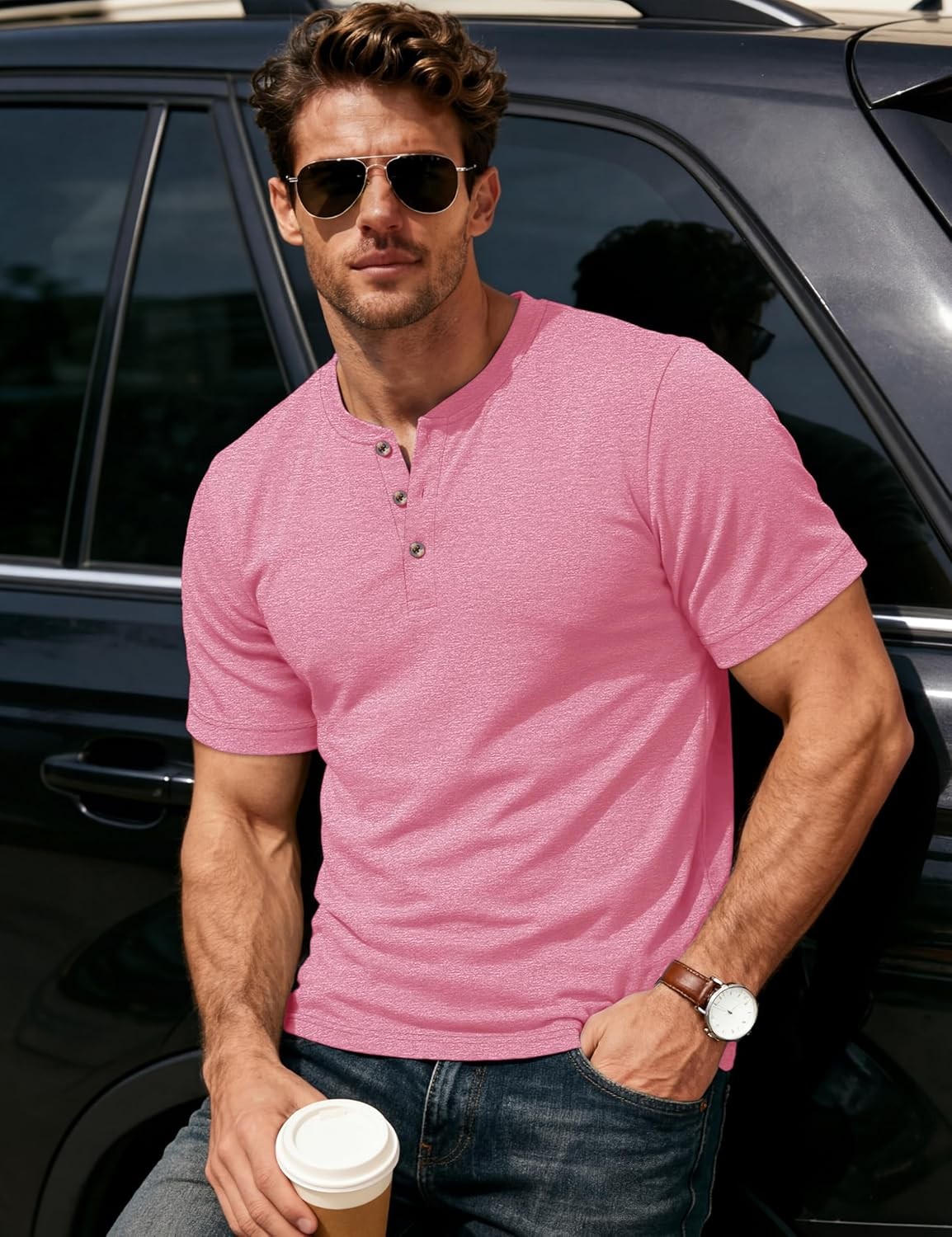 Men's Henley Short Sleeve Shirt Moisture Wicking Lightweight gallery