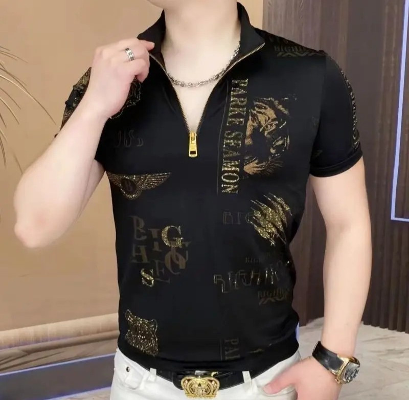 New Men Luxury Diamond Tiger Rhinestones Fashion Black Polo T-Shirt High Quality gallery