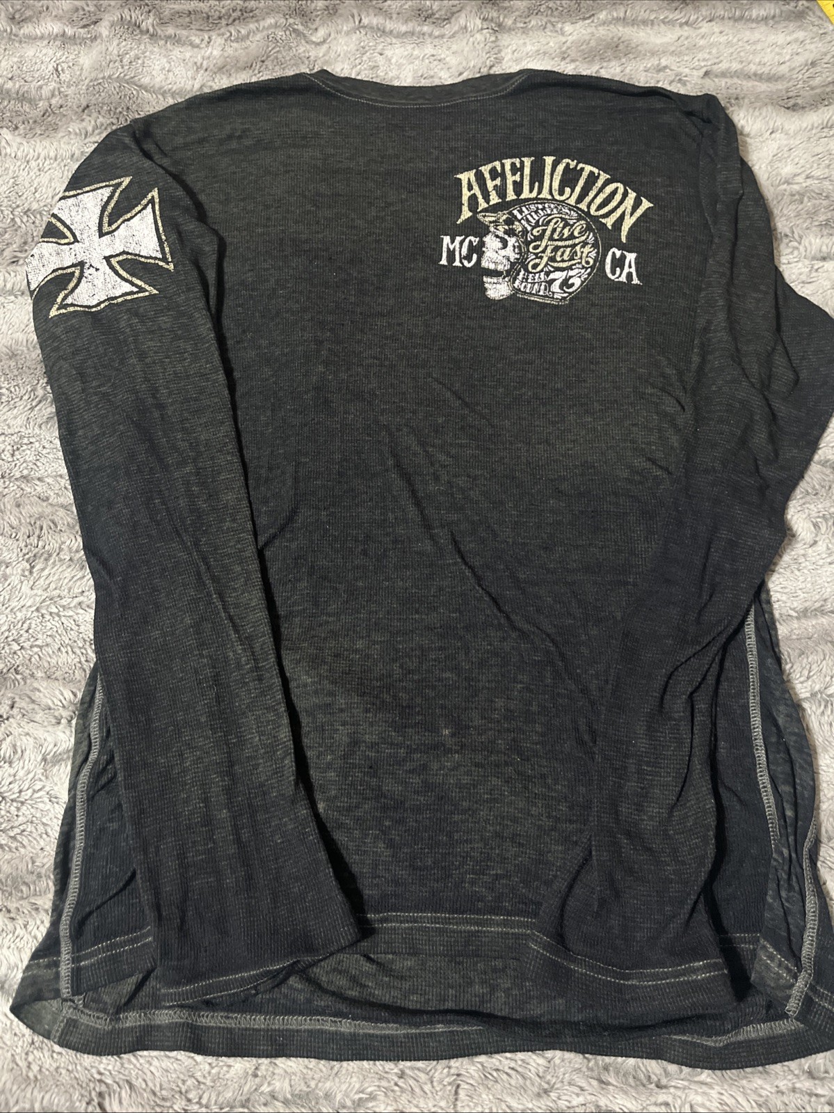 Mens Affliction Thin Soft Distress Look Waffle Thermal Long Sleeve T Shirt L