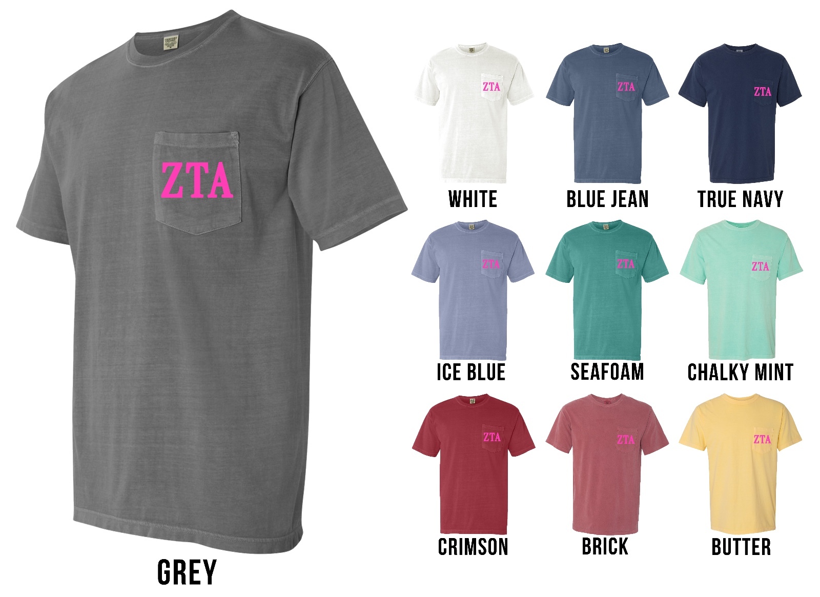 Zeta Tau Alpha Sorority Letters ZTA COMFORT COLORS POCKET Shirt - NEW gallery
