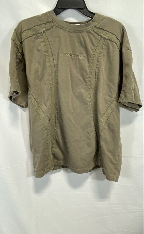F2CE Men’s Khaki Embroidered Logo T-Shirt Distressed Seams Paneled Cotton Sz M
