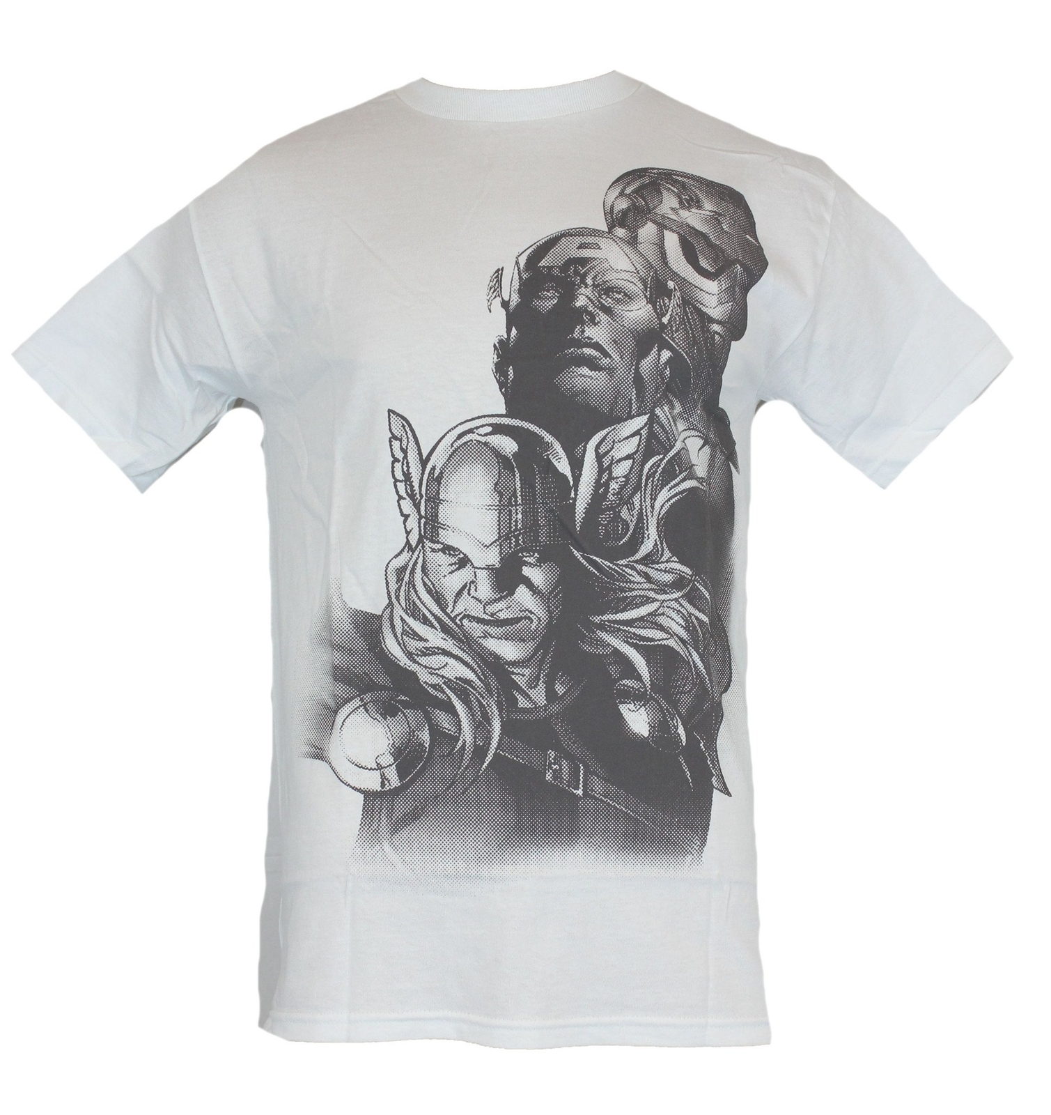 Marvel Comics Mens T-Shirt – Thor Hulk & Captain America Newsprint Headshots