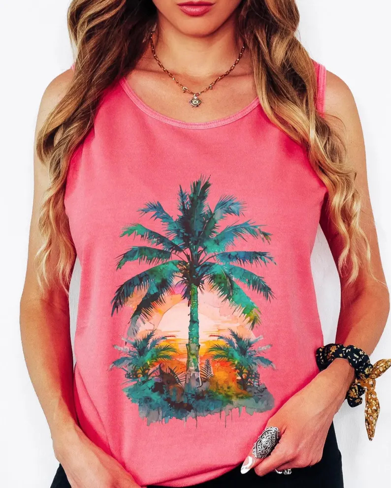 Tropical Palm Tree Sunset Tank Top Beach Vacation Apparel gallery