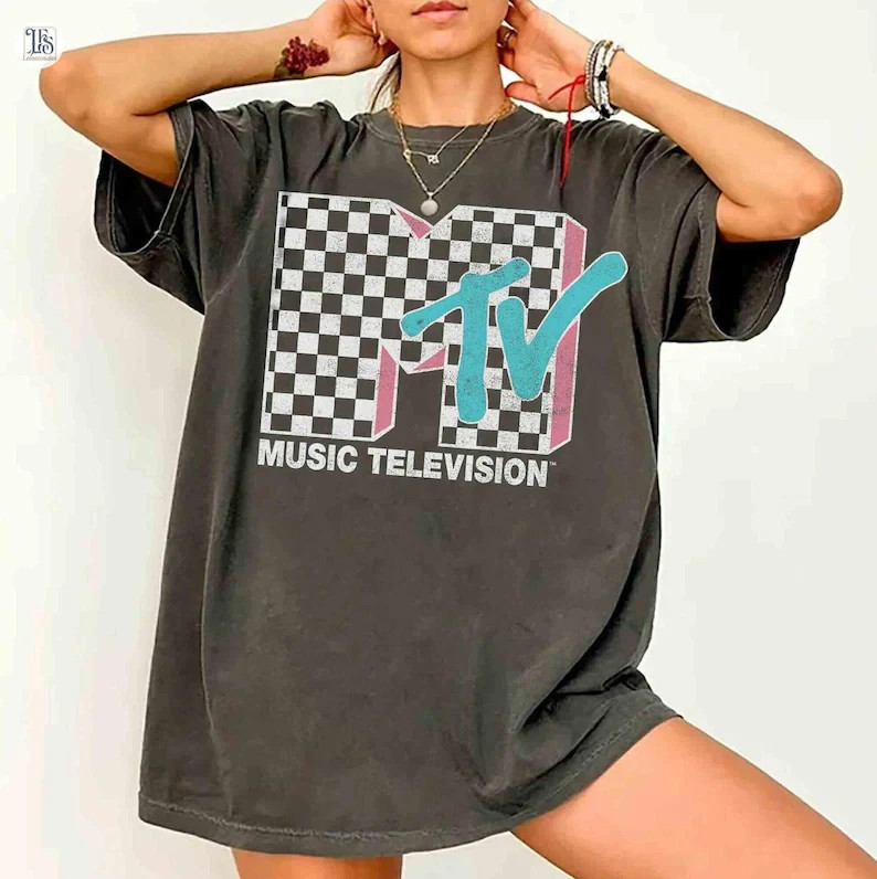 MTV Neon Distressed Checkered Logo Graphic Shirts, Vintage MTV Birthday Girl
