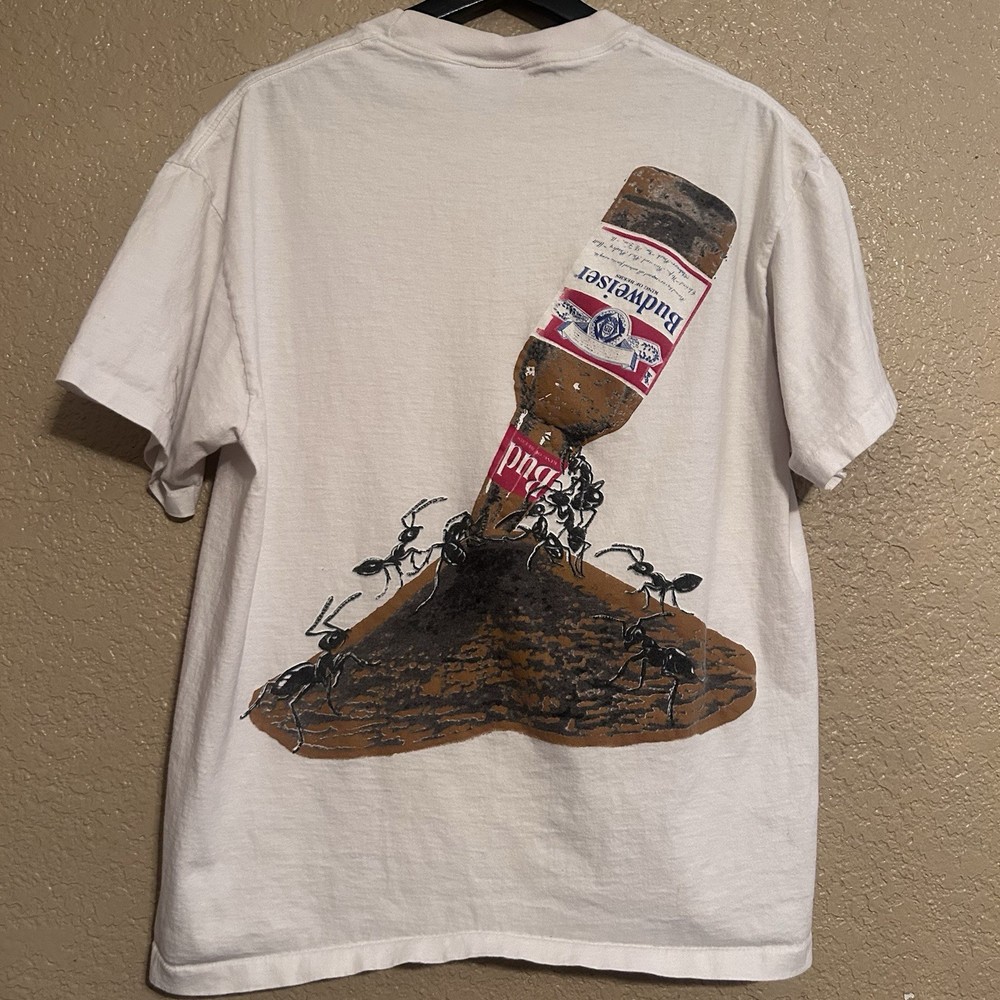 Vintage Budweiser Beer Ants Beer Bottle Graphic Print Single Stitch Shirt Large