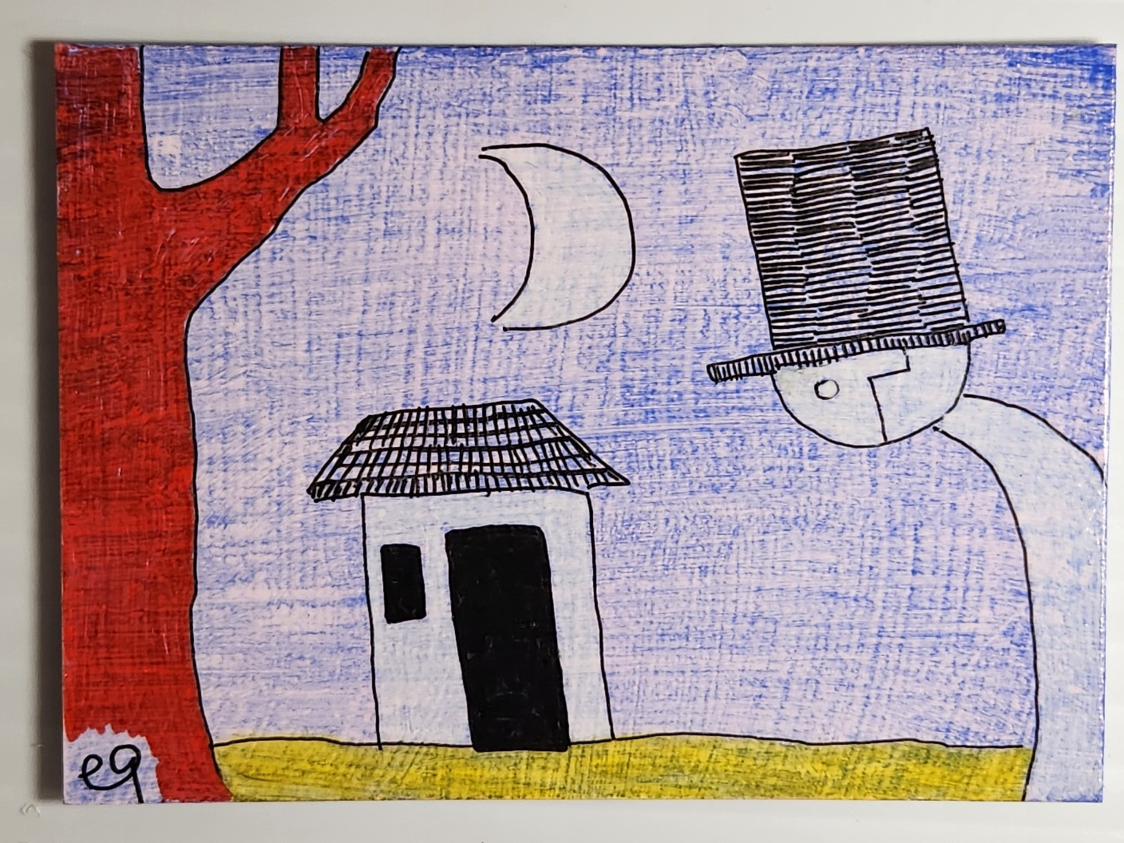 e9Art ACEO man with top hat at night outsider art brut naive