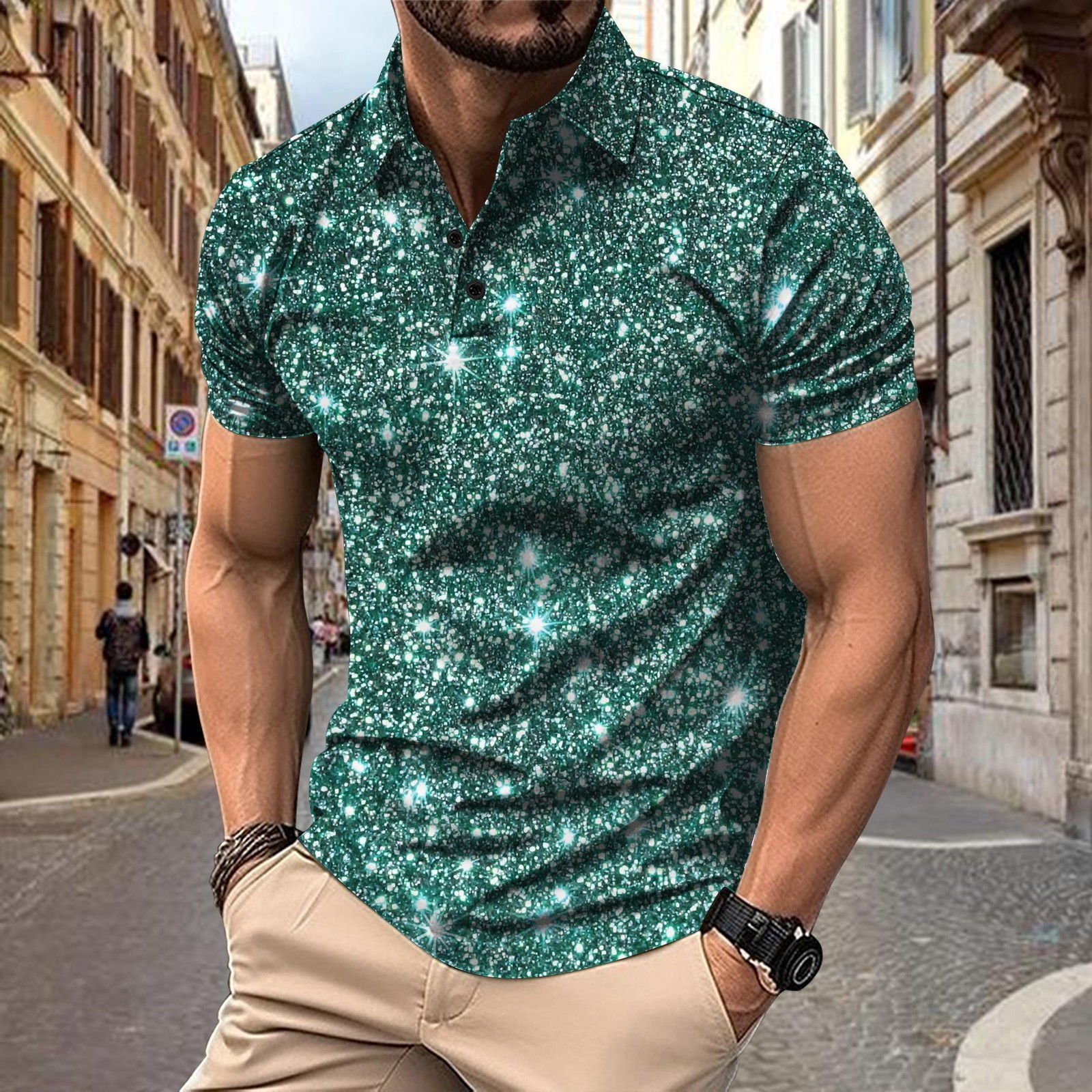 2025 New Men’s Shirt with Digital Printed Button Street Casual T-shirt Top Men