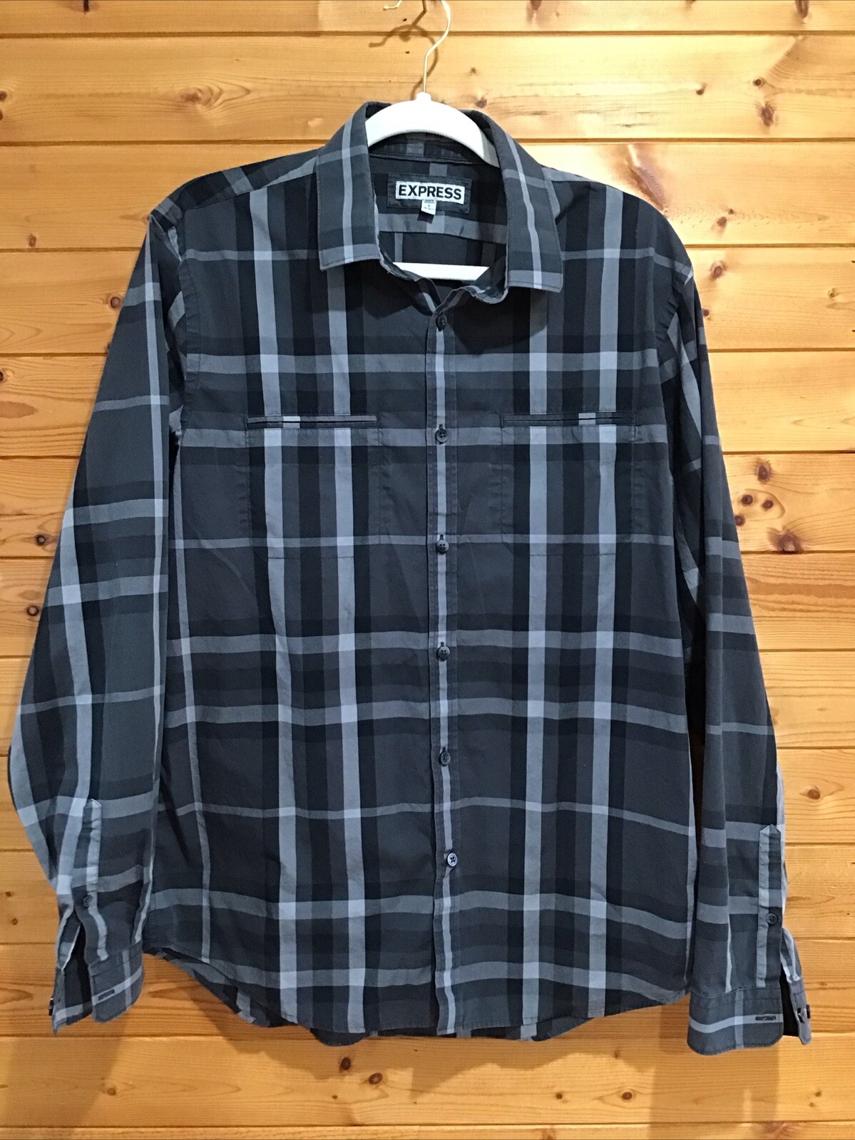 Express Gray Dress Shirt Button Down Size Large Fitted 16-16.5 gallery