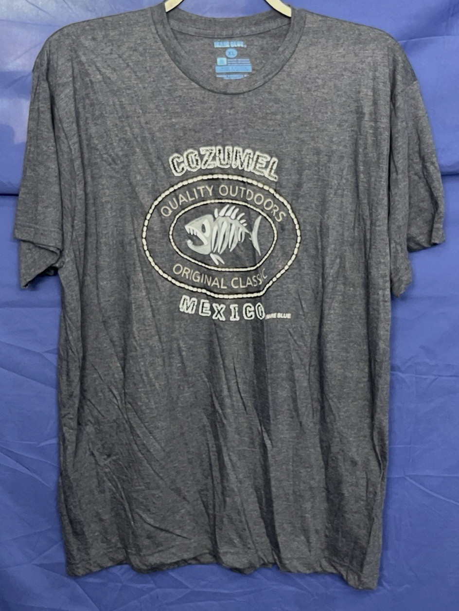 Men’s T-Shirt COZUMEL MEXICO Souvenir Shirt BLUE Fish Skeleton SOFT KNIT sz XL