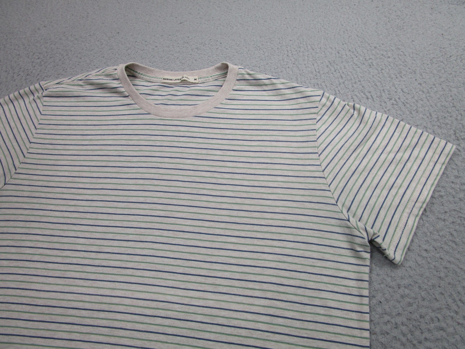 Marine Layer Shirt Mens Medium Gray Blue Green Striped Re-Spun Crewneck Soft gallery