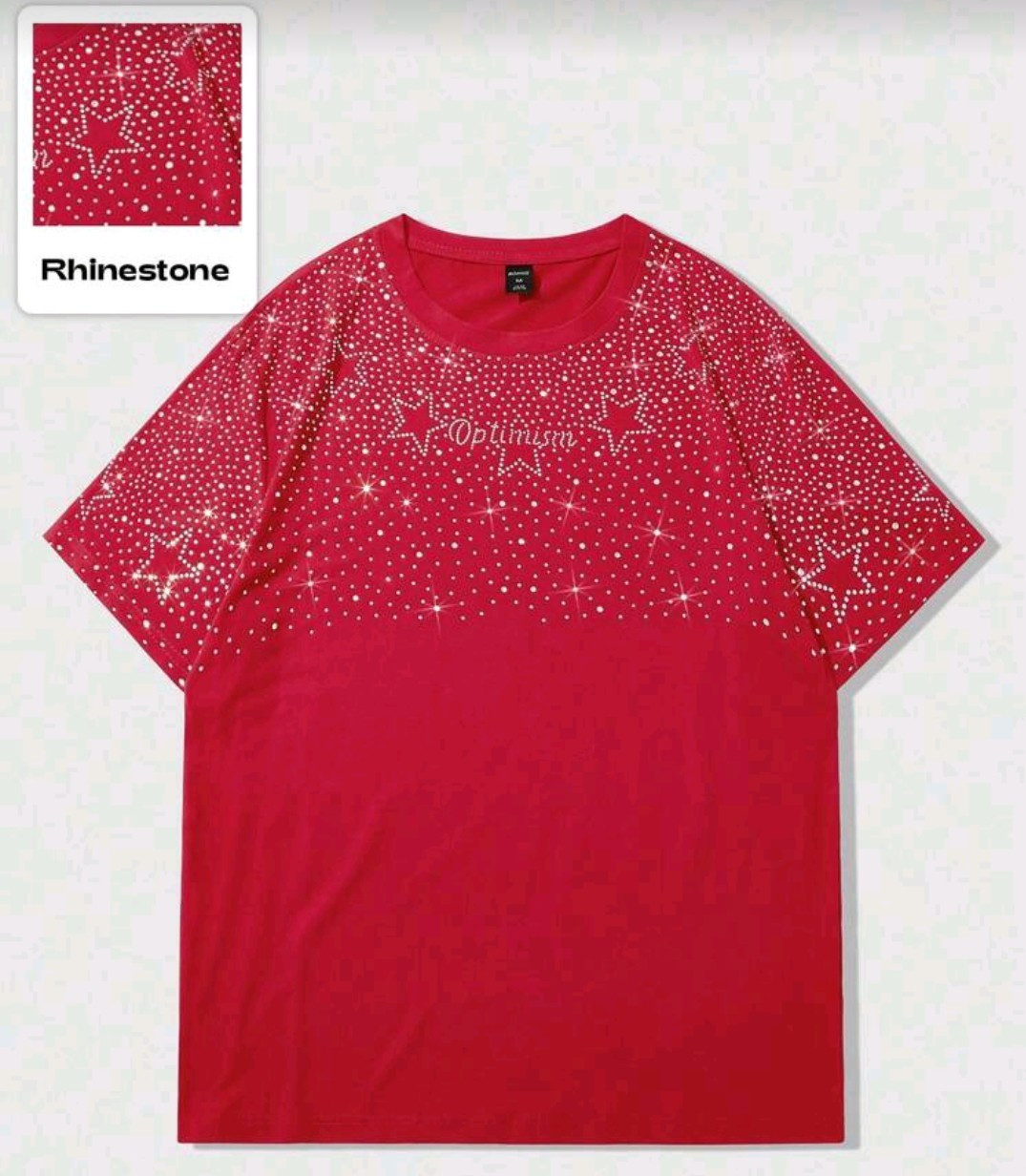 New Men Luxury Diamond Stars Rhinestones Fashion Red T-Shirt High Quality
