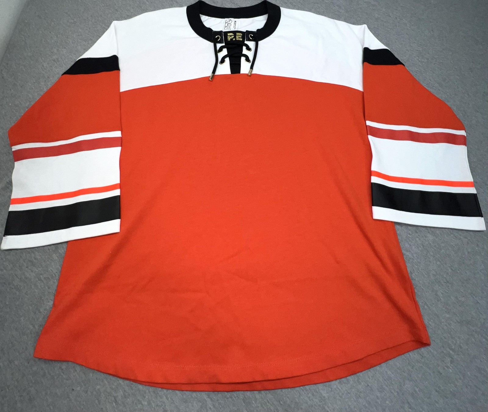P.E Shirt Mens Small Orange White Hockey Jersey Lace Up Long Sleeve Top gallery