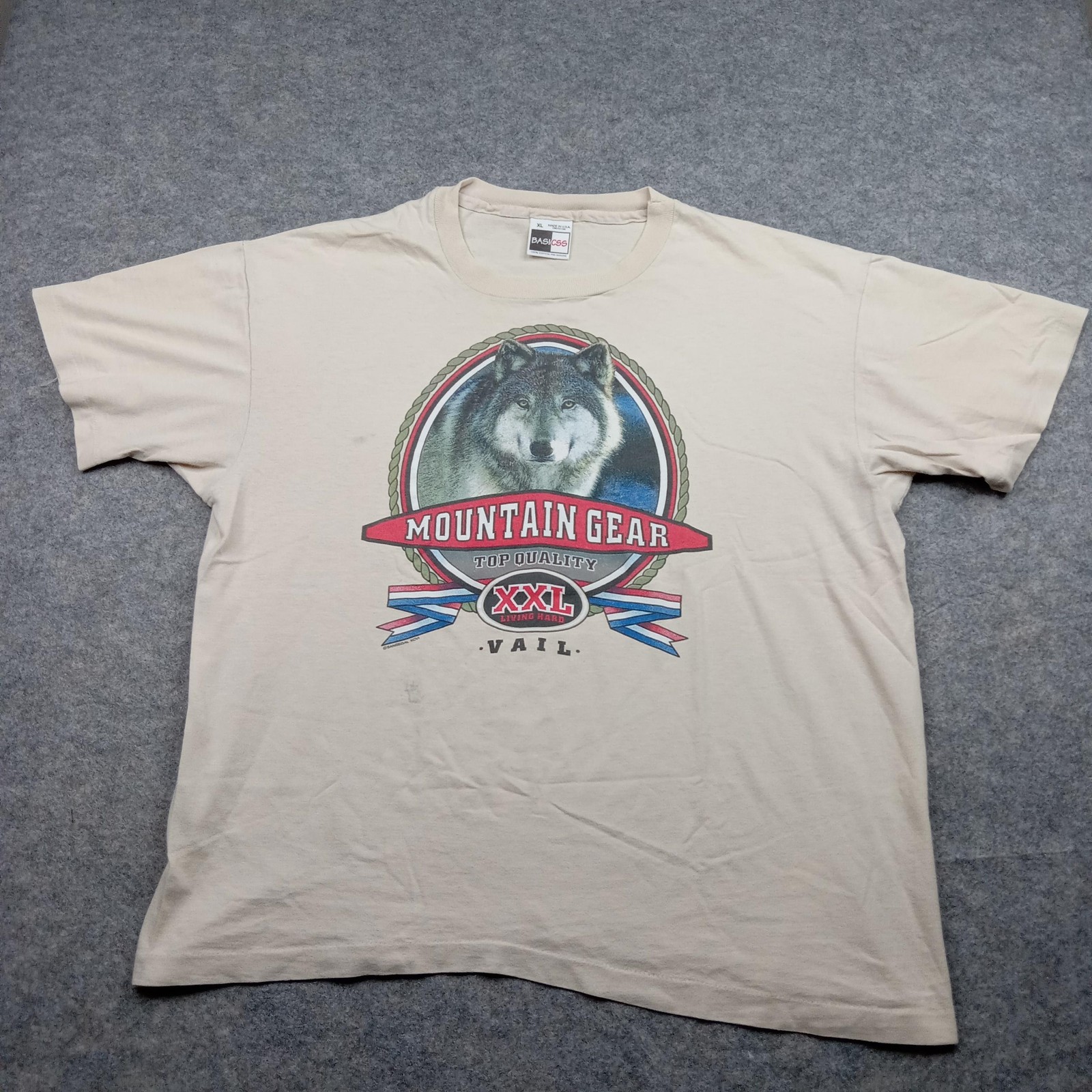 Vintage Mountain Gear Shirt Mens Extra Large Tan Wolf Graphic Vail Made USA 90s