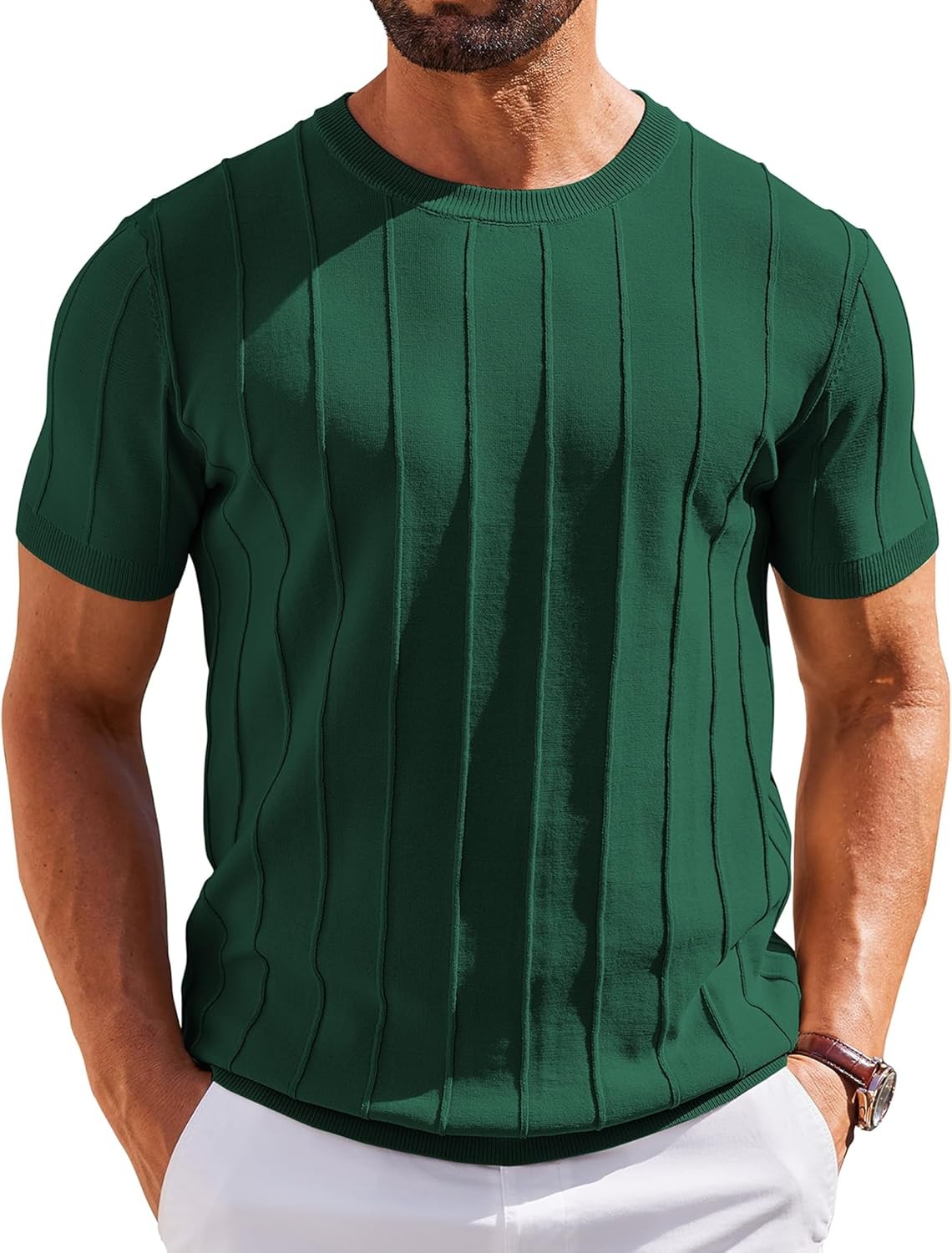 Men's Casual Short Sleeve Knit T-Shirt - Ribbed Crewneck Pullover Tee gallery