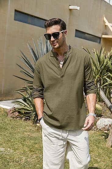 COOFANDY Men's Cotton Linen Henley T-Shirt Long Sleeve Hippie Casual Beach green gallery