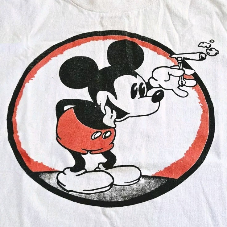 Vintage 90s Mickey Mouse Smoking Marijuana Weed T-Shirt Parody M Crop Top SS