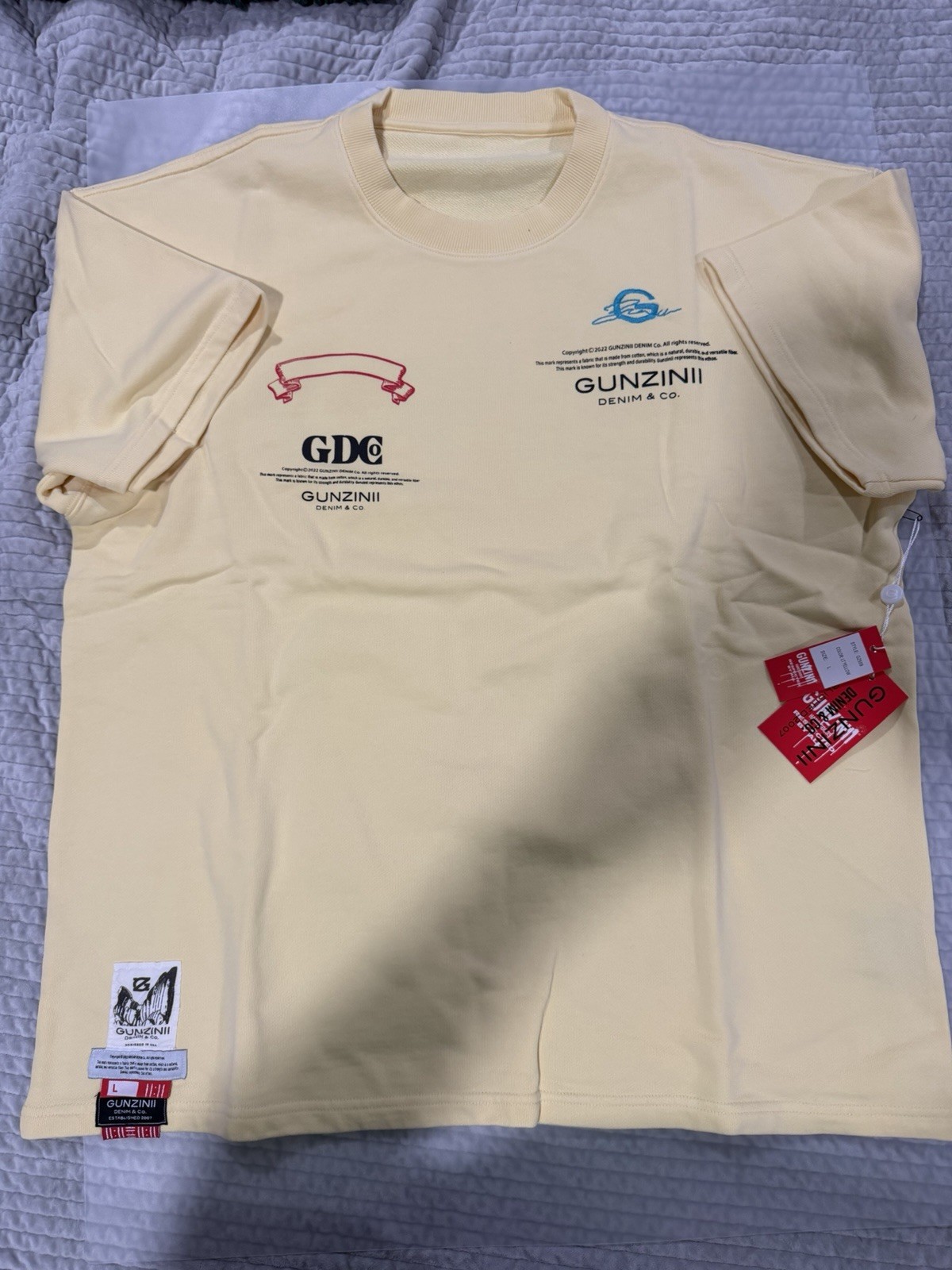 GUNZINII Denim & Co. Men’s Beige Graphic Print Logo Crew Neck T-Shirt Size L