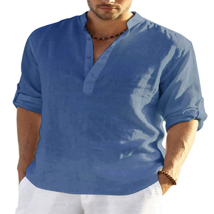 Mens Cotton Linen Long Sleeve Shirt Solid Loose Blouse Button Down Tops T Shirt gallery